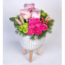 Ahşap Ayaklı Mini Saksıda Lila Güller ve Pembe Çardak Güller